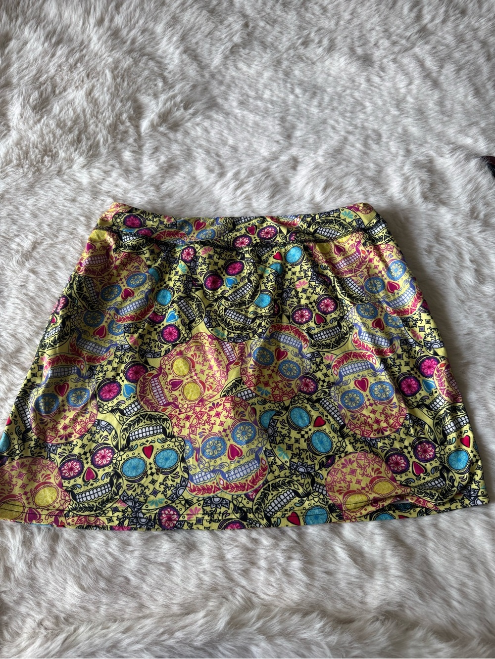 kimmery Yellow Mini Skirt with Pink & Blue Sugar Skull Print